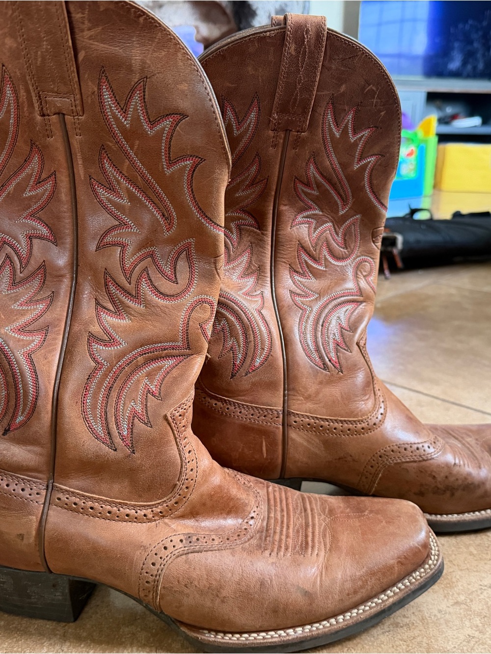 Ariat Tan Leather Western Cowboy Boots with Red Stitching